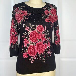 Black Sweater with Roses and Rhinestones Three Quarter Sleeve Women's Sweater S